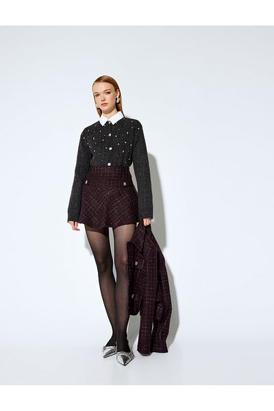 Koton X Melis Ağazat - Fusta mini din tweed cu nasturi de piatră