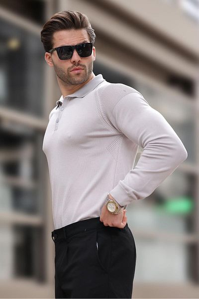 Madmext Gray Polo Collar Textured Long Sleeve Sweater E7264