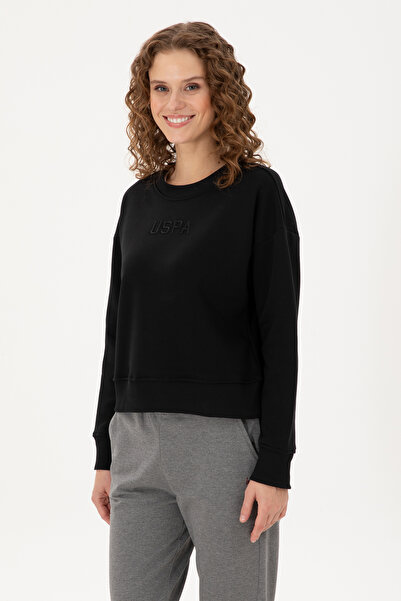 U.S. Polo Assn. Hanorac negru de damă cu guler rotund 50294751 -VR046