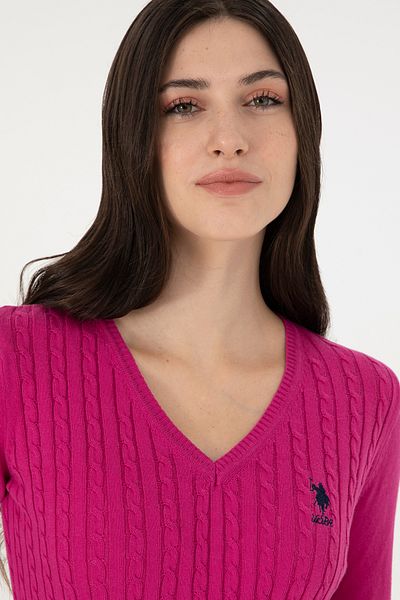 U.S. Polo Assn. Pulover de bază fucsia cu decolteu în V de damă 50289486 -vr023
