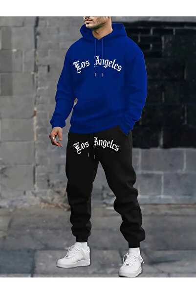 Genel Markalar Erkek Rahat Kapüşonlu Sweatshirt ve Eşofman Takımı - Geometrik Los Angeles Baskılı