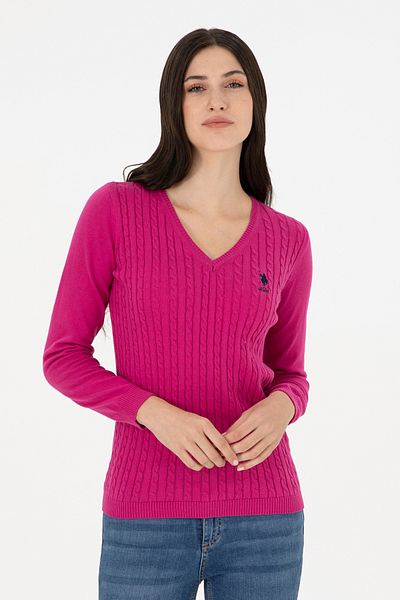 U.S. Polo Assn. Pulover de bază fucsia cu decolteu în V de damă 50289486 -vr023