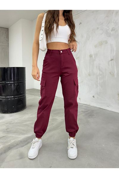 BİKELİFE Burgundy Cargo Pocket Gabardine Fabric Trousers