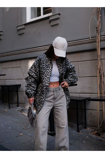 FMN Moda Women's Leopard Pattern Lining Pinterest Oversize Loose-Fitting Equivalent Pocket Bomber Coat Jacket