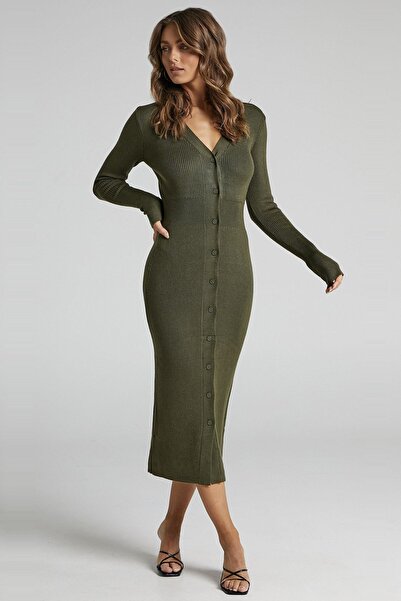 Madmext Khaki Buttoned V-Neck Long Knitwear Dress Mg1703