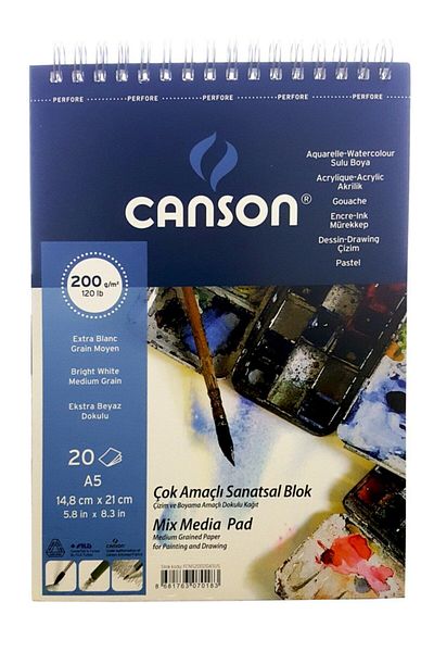 Canson 1557 Mix Media - A5 Spiral, 20yp, 200gr Multi-Purpose Drawing Notebook / Fcns20020a5us