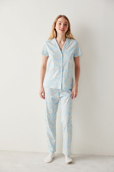Penti Set de pijamale cu pantaloni de cămașă florală cu bază albastră