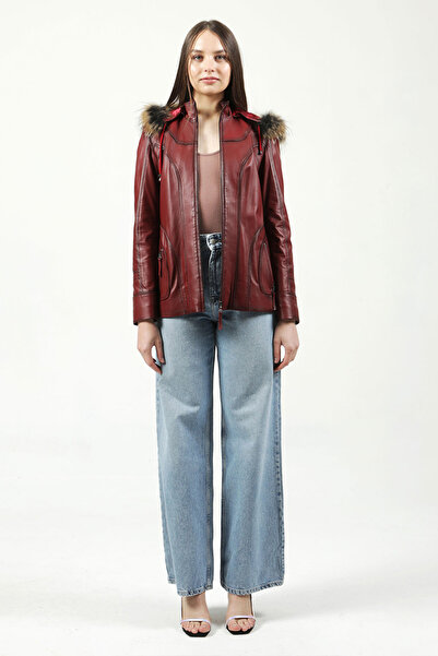 Dericlub Mistral Women's Genuine Leather Jacket with Hooded Fur Jacket Ök.Burgundy