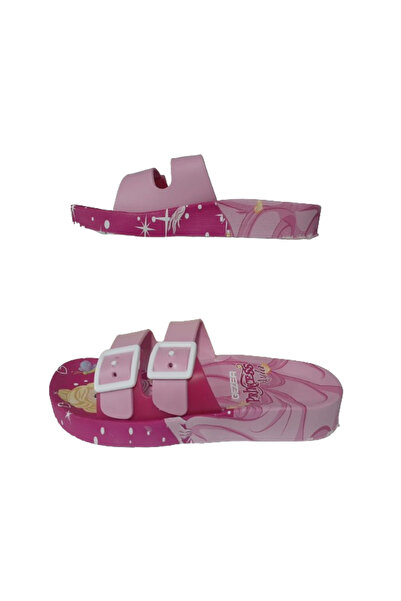 GEZER Kız Çocuk Fuşya-Pembe Prenses Figürlü Çift Tokalı Kaymaz Taban Günlük Terlik GZRR101-99