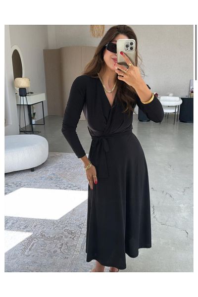 Viyamo Rochie lungă din crep, cu mânecă lungă, cu guler dublu, cu centură în talie