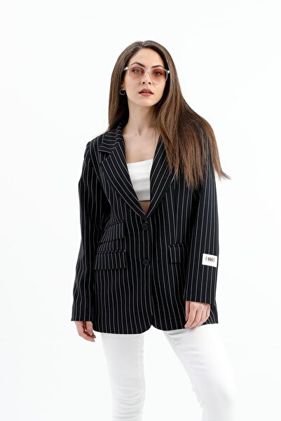 VAPUR TEKSTİL Синій смугастий полівіскозний піджак - три кишені з клапанами