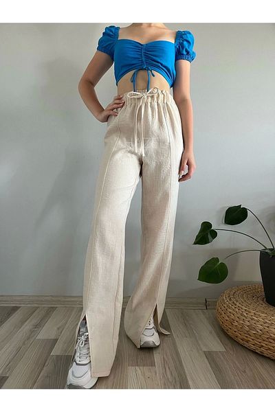 Hazel Pantaloni de in pentru femei cu talie înaltă, cu tăietură în față