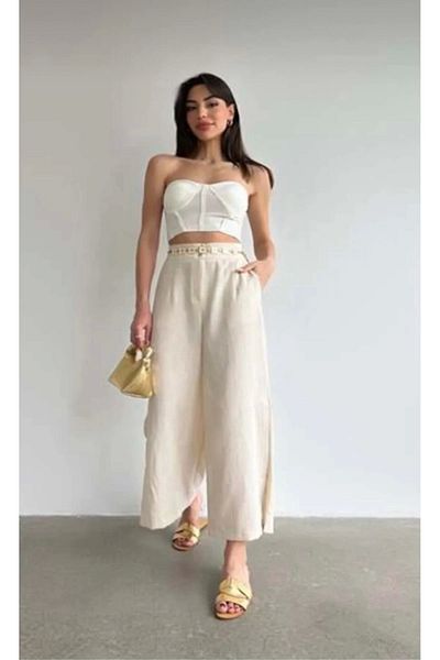 polle Women's Stone Linen Slit High Waist Palazzo Trousers