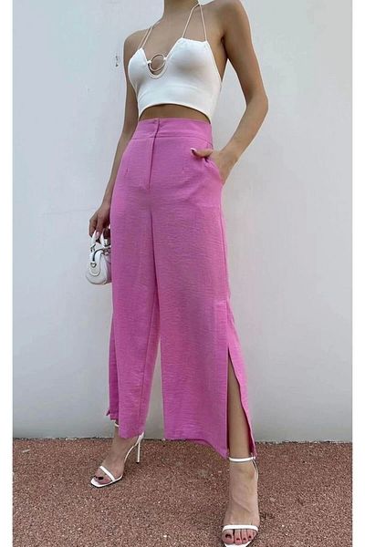 Hazel Pantaloni Palazzo cu talie înaltă, roz, de in, cu tăietură