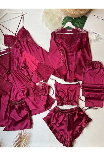 KARLİNAX İpeksi Saten Bordo Dev 8 Parça Gecelik Sabahlık Pijama Çeyiz Seti