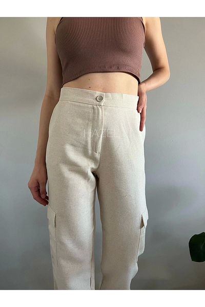Hazel Women's Stone High Waist Linen Cargo Pocket Pants