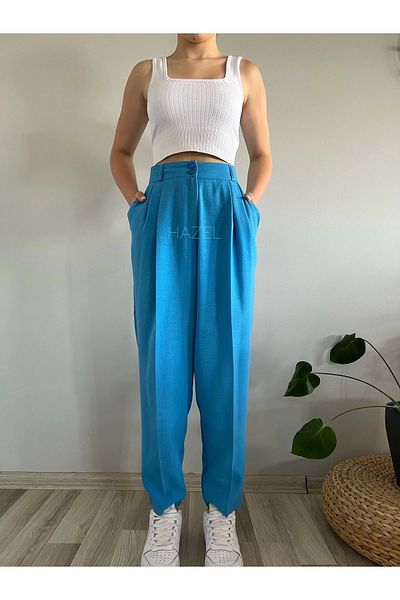 Hazel Pantaloni de damă, albastru, cu talie înaltă, din in, cu balon