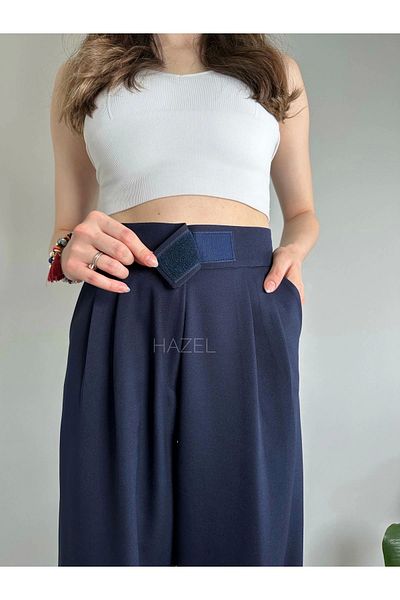 Hazel Women's Navy Blue Velcro Leg Elastic High Waist Balloon Pants