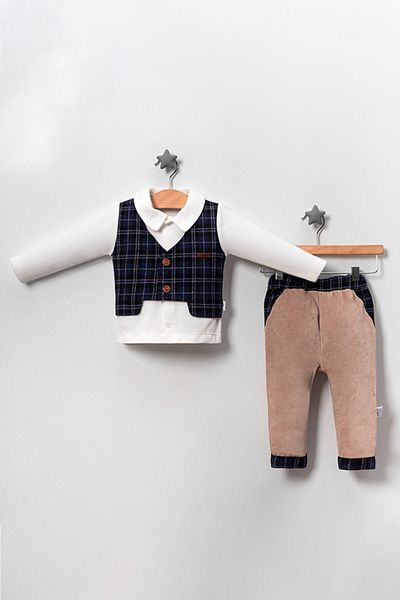 TRENDİMİZBİR Beige Plaid Vest and Velvet Suit Set for Baby Boy