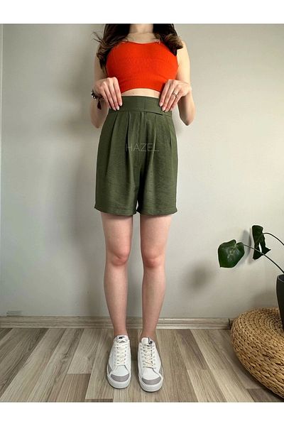 Hazel Women's Khaki High Waist Velcro Linen Shorts