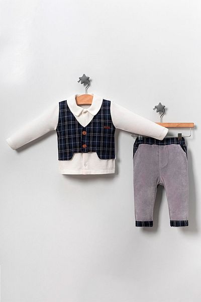 TRENDİMİZBİR Gray Plaid Vest Velvet Baby Boy Double Set