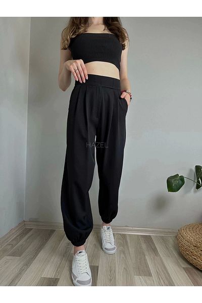 Hazel Pantaloni negri cu balon cu talie înaltă pentru femei, cu velcro și picioare elastice