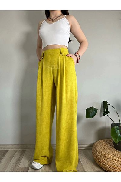 Hazel Women's Oil Green Linen Buttoned High Waist Palazzo Trousers