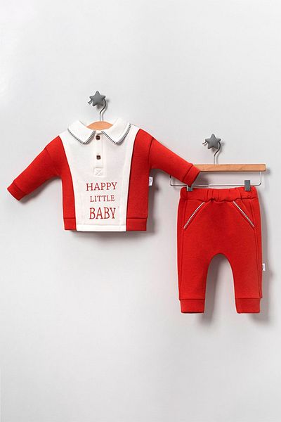 TRENDİMİZBİR Happy Little Baby Embroidered Double Set for Baby Boy - Red