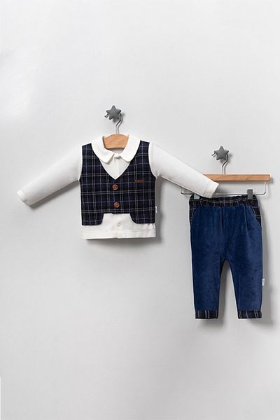 TRENDİMİZBİR Baby Boy Plaid Vest Velvet Double Suit Navy Blue