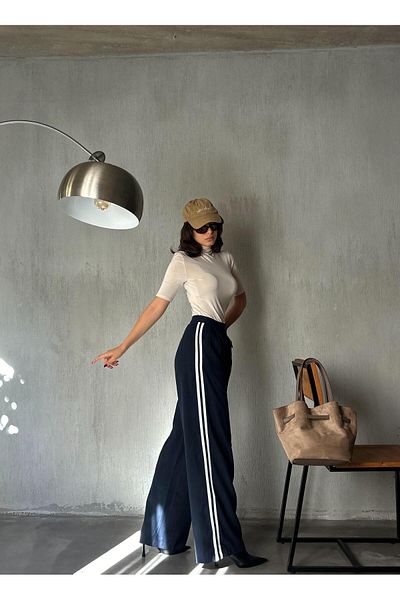 minaaise Women's Navy Blue Striped Side Ribbed Polyviscose Palazzo Trousers 28262