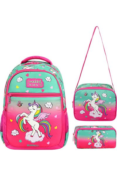 Waddell Rucsac pentru școală primară pentru fete, verde-fucsia, cu model unicorn, cu geantă de prânz