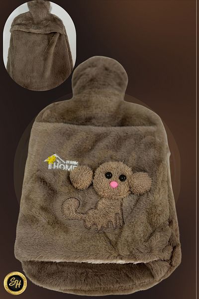 Snow Homs Brown- Plush Covered Hot Water Bag with Dog Emoji 2 Liters