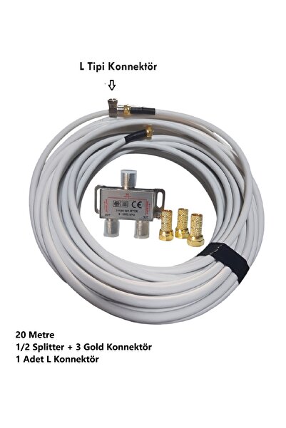 Vwin 20 Metre Anten Kablosu + 1/2 Splitter (Uydu Bölücü) + 3 Gold F + 1 Adet L Tipi Konnektör