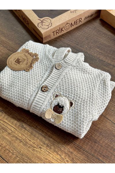 Bursa Trikomer Knitwear Knitted Teddy Bear Pattern Embroidered Hooded Newborn Anti-Sweat Soft Comfortable Baby Jumpsuit