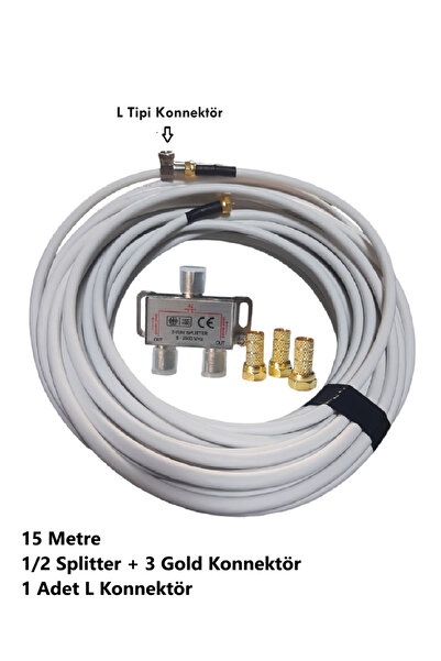 Vwin 15 Metre Anten Kablosu + 1/2 Splitter (Uydu Bölücü) + 3 Gold F + 1 Adet L Tipi Konnektör