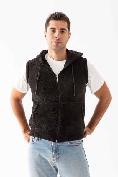 EtkiModa Чоловічий чорний жилет без підкладки з капюшоном на блискавці та коміром-стійкою