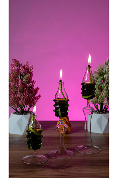 püür glass Dekoratif El Yapımı Boğumlu Kandil 3'Lü Set (kandil yağı hediye)