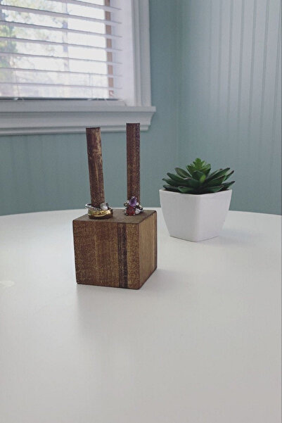 Alyones Çift Yüzük Tutucu KoyuKahve Ahşap Yüzük Ağacı | El Yapımı Ahşap Yüzük Standı