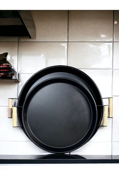 hemlife 37 Cm and 30 Cm Black Wooden Handle Tea Coffee Presentation Tray - Pack of 2