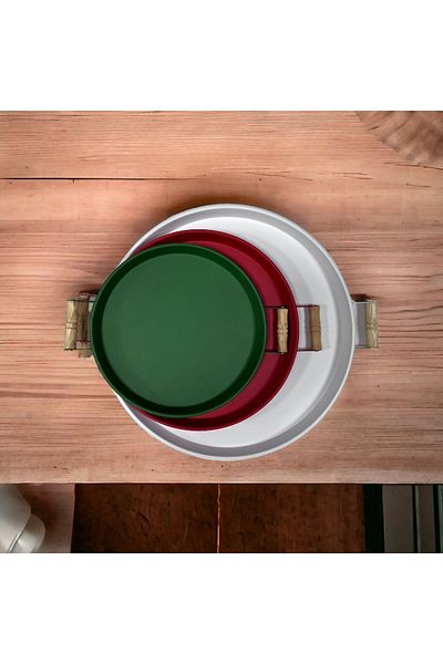 kitchen trend 3 Piece 45white, 37red, 30green Metal Tray with Wooden Handles Tea Tray Presentation Tray Set
