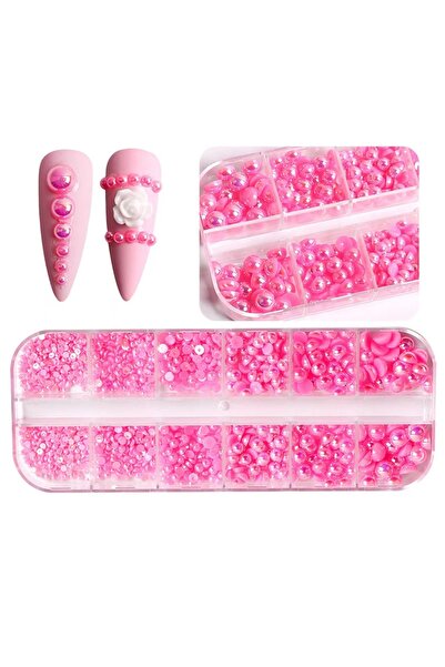 Venalisa 12'li Karışık Boy Nail Art Inci Taşları Tırnak Süsleme Deep Pink