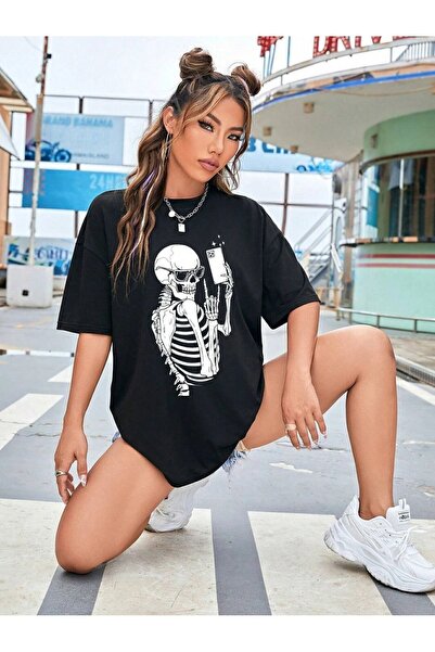 AZIZI TEKSTIL Γυναικείο βαμβακερό 100% oversized μπλουζάκι με σχέδιο σκελετού...