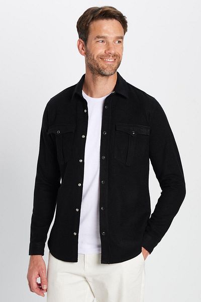 Tudors Slim Fit Μακρυμάνικο Winter Lumber Διπλό απλό ανδρικό μαύρο πουκάμισο με κάλυμμα τσέπης