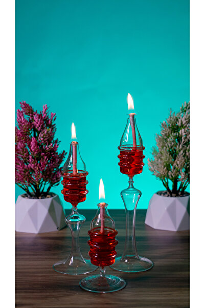 püür glass Dekoratif El Yapımı Boğumlu Kandil 3'Lü Set (kandil yağı ) Şamdan ...