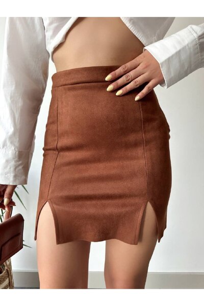 RockMore تنورة من جلد الغزال بفتحة مزدوجة