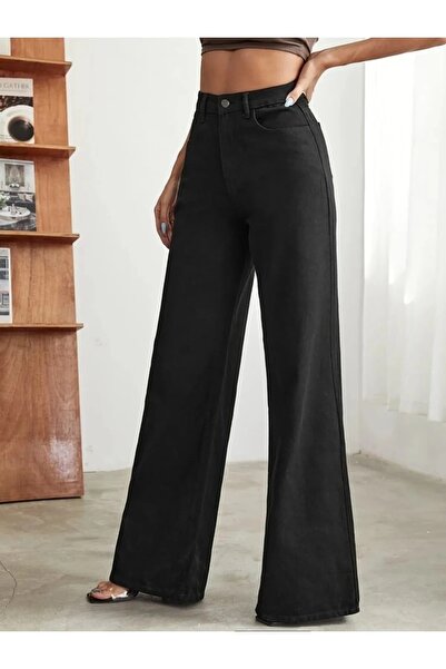 Trn JNS Lovely Black Colorfast Super ψηλόμεσο γυναικείο φαρδύ τζιν παντελόνι Palazzo