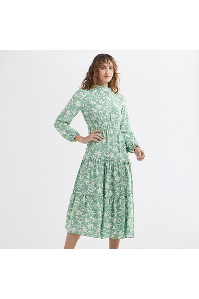 FAV Floral Print Midi Dress with High Neck and Long Sleeves