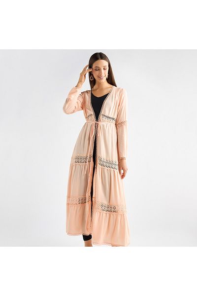 FAV Lace Detail Longline Tiered Shrug with Tie-Ups and Long Sleeves