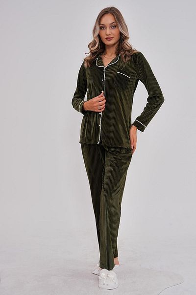 Mecit Pijama Mecit 6120 Green Velvet Γυναικείο Σετ Πιτζάμες με κουμπιά