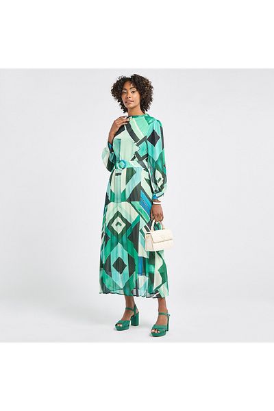 FAV Printed A-line Dress With Long Sleeves And Belt